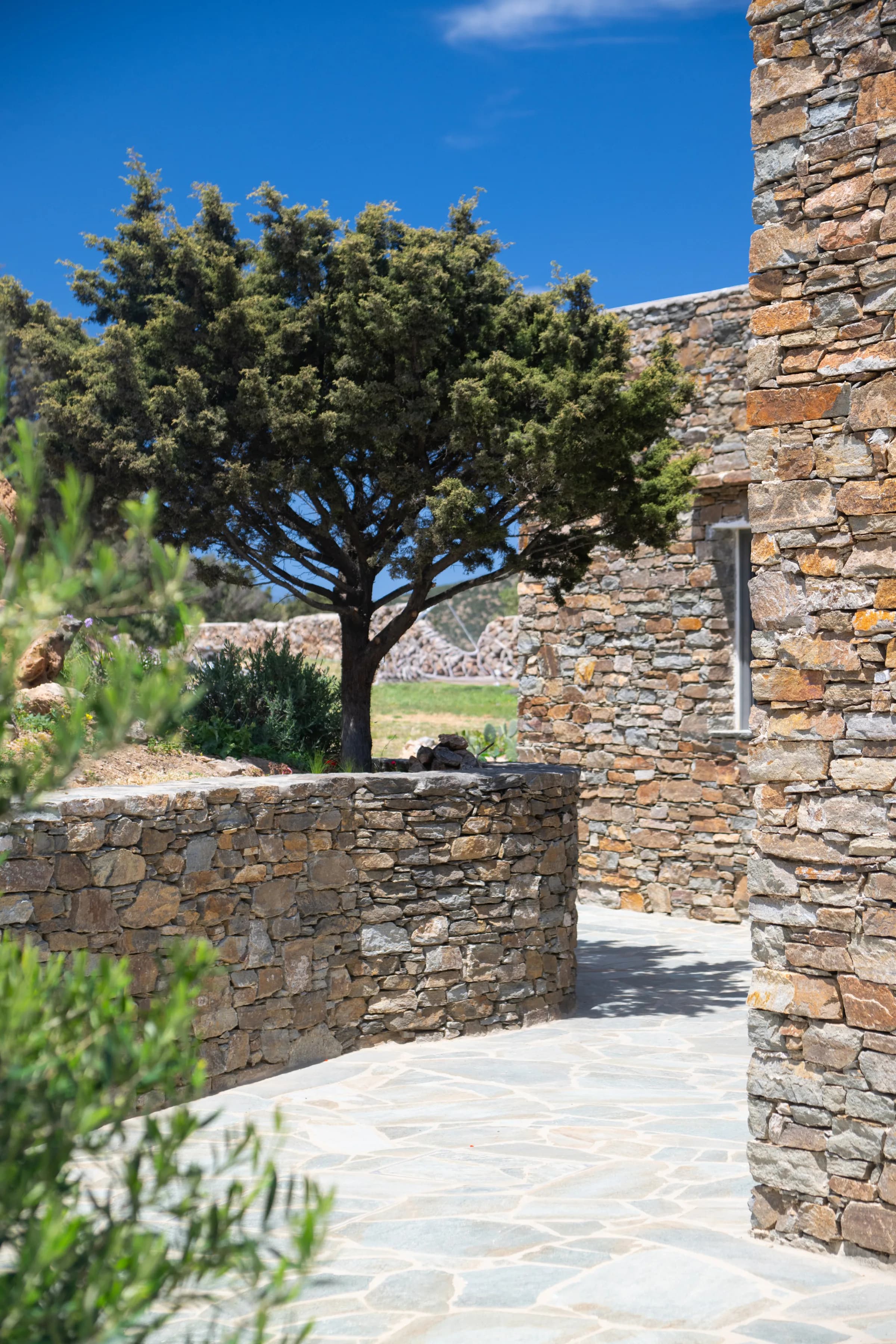 Refoulia Eco Suites — Stone walls with a tree and paved pathway
